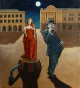Martin Vernon (b.1966). Surreal Composition with Two Figures in a Town Square at Moonlight, Oil on