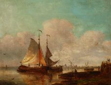 19th Century Dutch School. A Coastal Scene with Moored Vessels and a Windmill Beyond, Oil on Canvas,