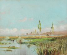 Oscar Ricciardi (1864-1935) Italian. Summer View over Water, Oil on Card, Signed, 10.5