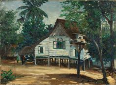 Continental School. Figures by a House in a Jungle, Oil on Canvas, Signed Indistinctly, 18.5
