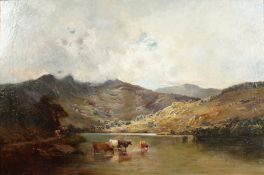 Alfred de Breanski (1852-1928) 'Llyn Gwynant, Beddgelert'. A Welsh View with Cattle in a Mountain