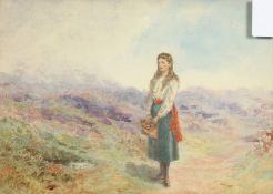 Circle of F. W. Topham (1808-1877). Girl on a Moorland Path, Watercolour, 7