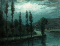 R. Tassoul (20th Century) Continental School. A Tree-Lined River in Moonlight with a Village Beyond,