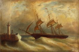 Nineteenth Century English School. A Three Masted Ship Approaching the Harbour Wall with Figures