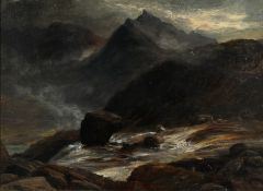Late 19th Century. Rocky Landscape with a River and Mountains Beyond, Oil on Canvas, Indistinctly