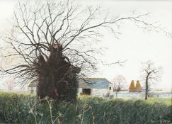 Paul Evans (b.1950) British. Landscape with Barn, Oasts and a Pollard Oak, Gouache, Signed, 18.5