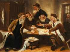19th Century European School. A Scene of Jewish Scribes in Disagreement, Oil on Panel, Signed