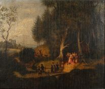 18th Century European School. Children Leading a Procession over a Bridge, Oil on Canvas, Initialled