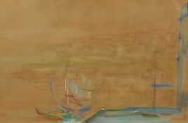 Rostilas Lonking (b.1904). Boats in a Harbour, Watercolour, Bears Label Verso, 18