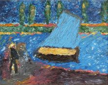 20th Century School. Figure by a Lake with Small Boat and Poplar Trees in the Distance, Oil on