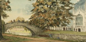 W. S. Blackshaw. Figures Punting and Students on a Bridge in the Grounds of a College -