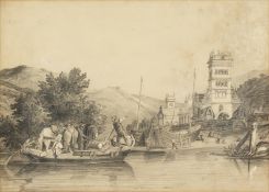 19th Century Continental School. Bargeman Crossing a River before a Church, Mixed Media, 10.5