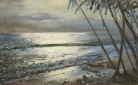 Early 20th Century. South Asian Coastal Scene by Moonlight with Figures by a Boat, Oil on Board, 10