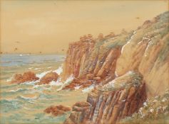 19th Century English School. A Coastal Landscape with distant Yachts, Watercolour, Indistinctly