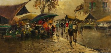 20th Century Continental School. A Market Scene with Flower Stall and Figures, Oil on Canvas, Signed