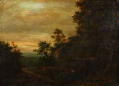 18th Century English School. A Landscape with Figures Resting in the Foreground, Oil on Card, 15