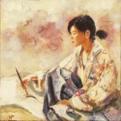 Yves Charreton (b.1953) French. 'Le Pot Bleu', Mixed Media on Stepped Board, Signed and Inscribed