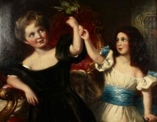 19th Century English School. A Portrait of Two Girls Feeding a Parrot, Oil on Canvas in a Fine