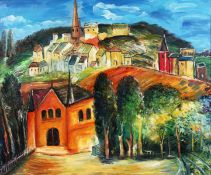 Manner of Dufy, Late 20th Century Continental School. A View of a Hillside Town, Oil on Canvas,