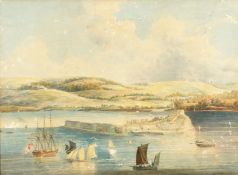 Circle of Edward Duncan (1803-1882) British. Naval Ship, a Hulk and Smaller Craft off a Small Island