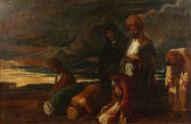 19th Century Orientalist School. Figures at Sunset Praying before Ruins, Oil on Canvas laid down,