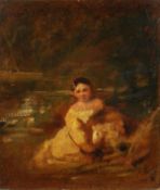 19th Century English School. Study of a Girl and a Sheep in a Landscape, Oil on Canvas, 8