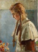 20th Century Continental School. Portrait of a Young Girl in an Interior, Oil on Canvas,