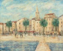 Paul Beauvais British. A Continental Town Scene with Figures on a Quay, Oil on Canvas