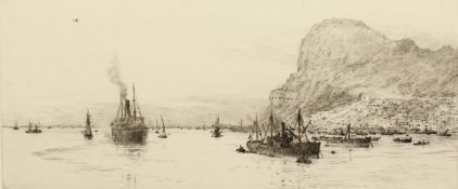 William Lionel Wyllie (1851-1931) British. A View of Ships in a Harbour with Cliffs beyond, Etching,