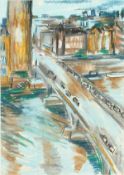 20th Century. A View of Westminster Bridge, Pastel, Indistinctly Signed, 15