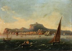 19th Century Italian School. Scene of a Busy Port with Figures on a Quayside, Oil on Paper Laid