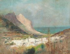 Oscar Ricciardi (1864-1935) Italian. Village of Capri, Oil on Card, Signed, 10.5