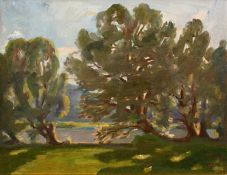 John Brown (b.1945) Scottish. Trees in a Landscape with a River Beyond, Oil on Board, 14