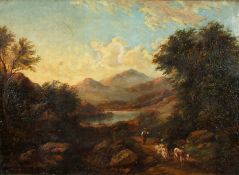 19th Century English School. A Highland Landscape with a Cattle Drover and Cottage, Oil on Canvas,