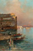 Oscar Ricciardi (1864-1935) Italian. Small Fishing Boats in an Italian Port, Oil on Panel, Signed,