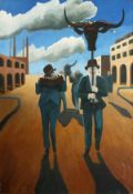 Martin Vernon (b.1966). Surreal Composition with Suited Men and Women in a Street Procession, Oil on