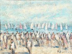 Paul Beauvais British. A Beach Scene with Figures and Yachts in the Distance, Oil on