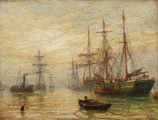 H. Henry (19th Century) British. Shipping at Dusk, Oil on Canvas, Signed, Oil on Board, 9.5