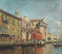 20th Century European School. A Near Pair of Venetian Views with Gondolas in the Foreground, Oil