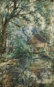 A Borgic de Mozola. Cottage on the Edge of a Pond, Watercolour, Signed and Inscribed, 18.5