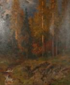 Niels Hansteen (1855-1912) Norwegian. Sun Shining through a Woodland Glade with a Stream in the