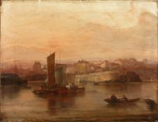 19th Century English School. A Harbour Scene of Bridlington with Boats Moored and the Town in the