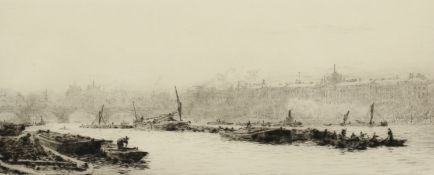William Lionel Wyllie (1851-1931) British. A View of the Thames in London with a Distant Bridge,