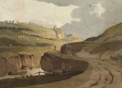 Circle of John Varley. Figure on a Winding Road, Watercolour Laid on a Fabric Album Page,