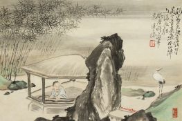 Chinese School 20th Century. Figure in Hut by a Rock with a Heron Nearby, Watercolour, Signed with