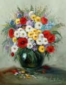 Vicente Paya (20th Century). A Still Life of Mixed Flowers in a Glass Vase, Oil on Canvas, Signed,