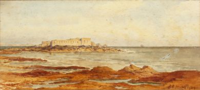 A. E. Newton (20th Century) British. Building on Rocky Coastal Outcrop, Watercolour, Signed and