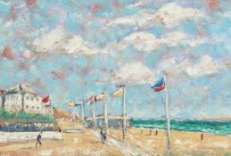 Paul Beauvais British. A Continental Beach Scene with Flags, Oil on Board, Signed, 9.
