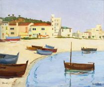 20th Century Continental School. Boats on the Beach at Blanes, Oil on Canvas, Indistinctly Signed