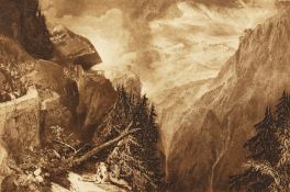 After Turner. Alpine Landscape with Figures, Sepia Etching, 7